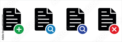 Streamline Your Workflow with these Document Management Icons featuring Add, Delete, and Search functionalities for seamless file handling.
