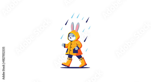 A cheerful cartoon rabbit in a bright yellow raincoat and boots walks confidently in the rain, enjoying the wet weather.