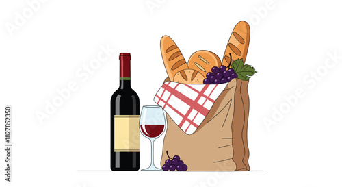 An inviting illustration of a classic picnic setup with red wine, a glass, fresh bread in a paper bag, and a bunch of grapes.