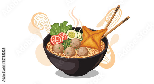 A vibrant illustration of a steaming bowl of Asian noodle soup with meatballs, vegetables, and a fried dumpling, accompanied by chopsticks.