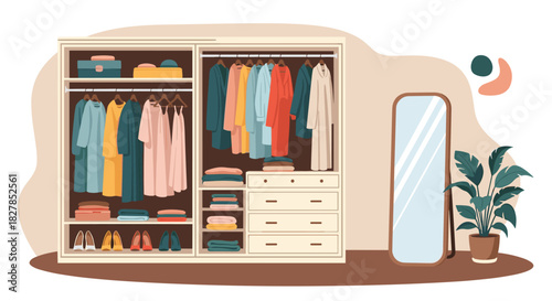 Stylish and organized closet interior featuring colorful clothes, folded items, shoes, a mirror, and a houseplant, depicting a neat home space.