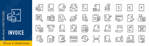 Invoice web icons in line style. Bill, check, approve, tax, barcode, finance, bank, accounting. Editable stroke. Vector illustration.