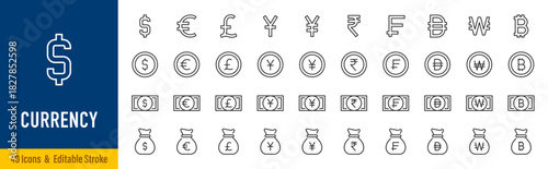 Currency web icons in line style. Dollar, euro, pound, yuan, won, franc, rupee, dirham, infographic. Editable stroke. Vector illustration.