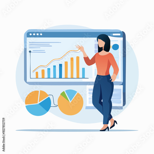 Business Analyst Woman Girl Reviewing Data Charts Vector Illustration