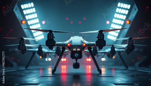 Squadron of futuristic weapon drones poised for deployment, unmanned, defense