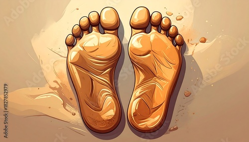 Cartoon depiction of two bare feet pressed together on a sandy-colored surface with soft shadows and subtle details