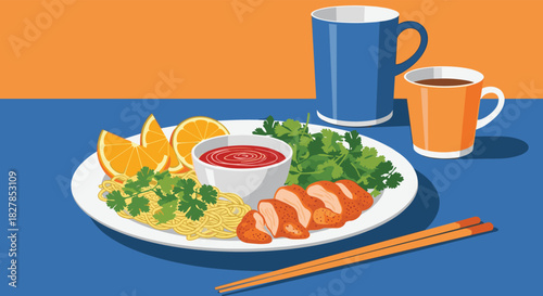 Flat design illustration of a colorful meal featuring sliced chicken breast, noodles, cilantro, orange wedges, a sauce, beverages, and chopsticks.