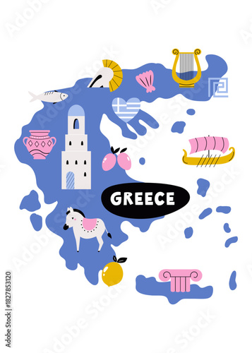 Greece Map with Greek Symbols – Ancient Icons, Columns, Olives, Vase and Boat. Colorful Vector Illustration