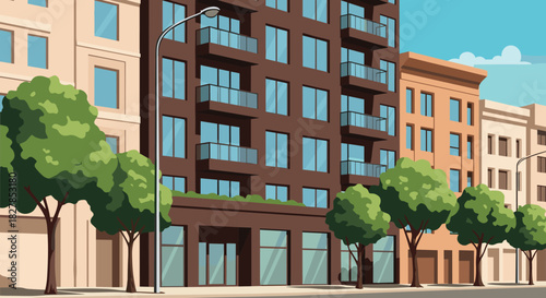 Illustrated cityscape featuring modern apartment buildings and classic townhouses lining a street with green trees and a clear sky.