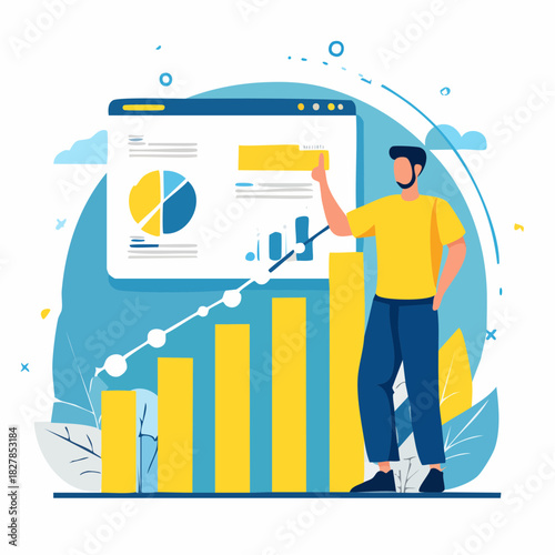 Professional Employee Reviewing Digital Charts and Growth Analytics Vector Illustration