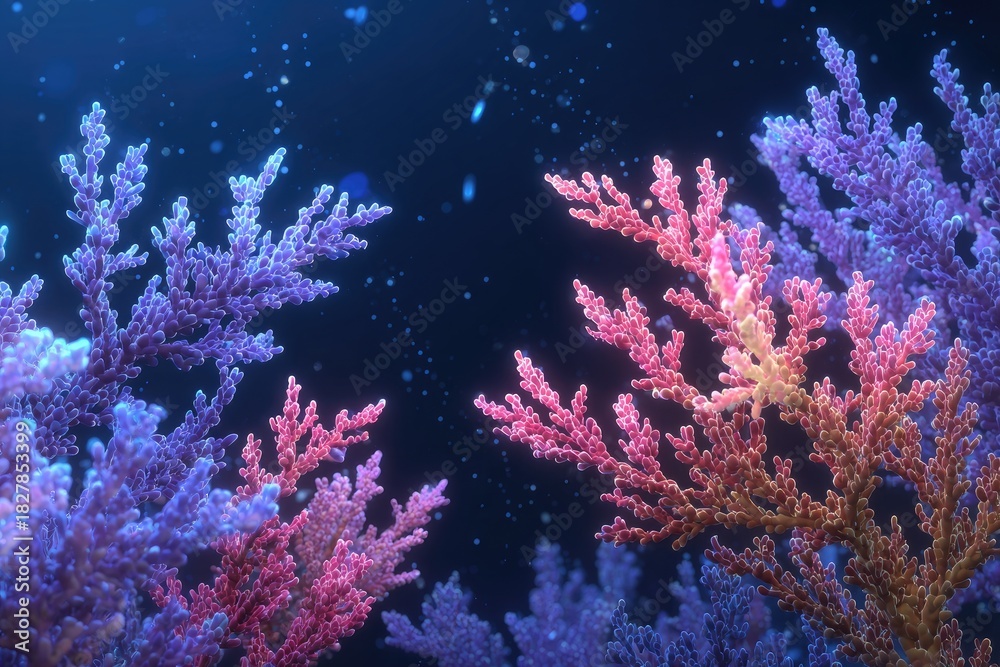 Fototapeta premium Abstract illustration of colorful, branching coral formations against a dark, speckled background