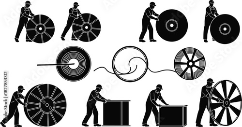 Electrician Construction Workers Silhouette Moving Large Heavy Industrial Cable Wire Spools Reels Onsite Jobsite Electric Power Communication Installation Maintenance Storage, Vector Illustration