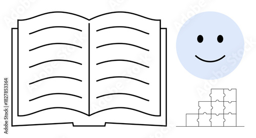 Knowledge concept. Open book learning, happy face for positivity, puzzle pieces for problem-solving. Knowledge fostering development, creativity, and teamwork. Ideal for education, training