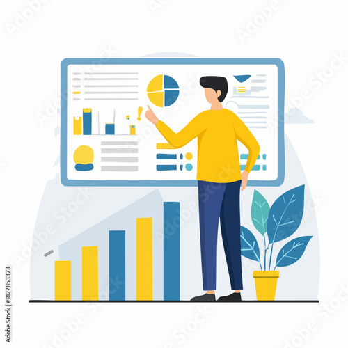 Professional Employee Reviewing Digital Charts and Growth Analytics Vector Illustration
