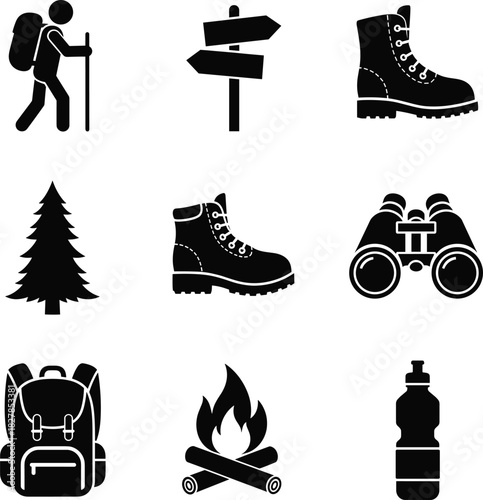 Camping and hiking icon set, adventure backpack, boots, campfire, water bottle, nature tree, outdoor travel equipment silhouette