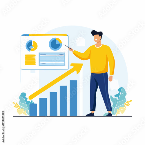 Professional Employee Reviewing Digital Charts and Growth Analytics Vector Illustration