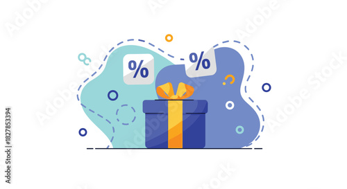 A blue gift box with an orange ribbon is surrounded by floating percentage symbols and abstract shapes, symbolizing promotions and special offers.