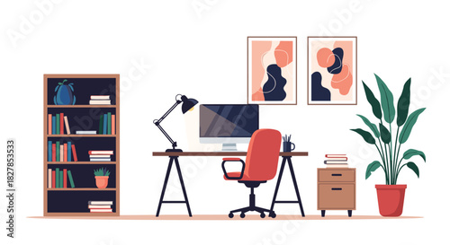 Modern home office interior with a wooden bookshelf, a desk with a computer, an ergonomic chair, abstract wall art, and indoor plants.