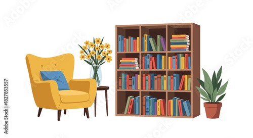 A vibrant and cozy reading nook scene featuring a comfortable yellow armchair, a bookshelf full of colorful books, and decorative plants.
