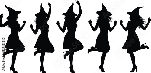 Halloween night party silhouettes, five dancing beautiful slender young witch girls wearing pointed hats, celebrating festive holiday mood