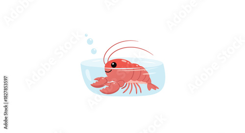 Adorable cartoon red lobster, with big eyes and a wide smile, rests calmly in a transparent glass bowl of water with small bubbles.