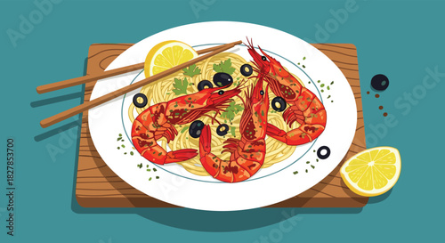 Delicious pasta with vibrant red whole shrimp, black olives, fresh parsley, and a lemon wedge, served with chopsticks on a wooden board.
