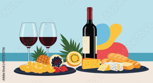 A delightful outdoor spread featuring red wine, a variety of fresh fruits, gourmet cheeses, and artisan bread, perfect for a relaxing picnic or special occasion.