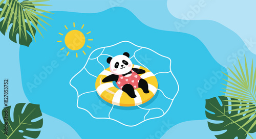 Cute panda enjoying a sunny summer day, floating lazily on a striped inner tube in a refreshing blue swimming pool with tropical leaves around.