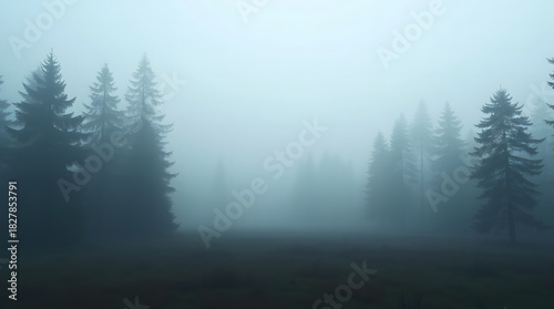 Misty Morning in Forest with Tall Evergreen Trees in Dense Fog Creates Eerie Atmosphere on Overcast Day in Wilderness with Quiet Tranquility and Solitude