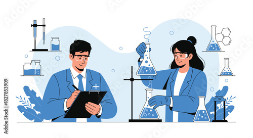 Professional researchers performing chemical experiments and documenting observations in a bright, contemporary science lab.