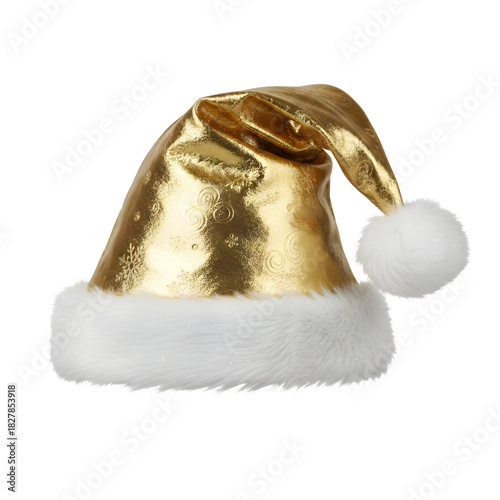 Luxurious Gold Foil Santa Hat with White Faux Fur Trim and Embossed Snowflake Pattern isolated on a transparent background 