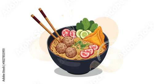 Delicious noodle soup with meatballs, fresh vegetables, and a crispy wonton served in a dark bowl with chopsticks, an appetizing illustration of Asian cuisine.
