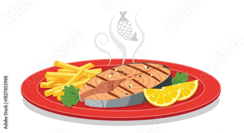Hot grilled salmon steak with grill marks and pepper, served on a red plate with golden french fries, zesty lemon wedges, and fresh green parsley.
