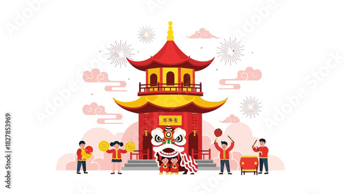 A vibrant illustration of a Chinese New Year celebration with a traditional pagoda, lion dance, drummers, and fireworks.