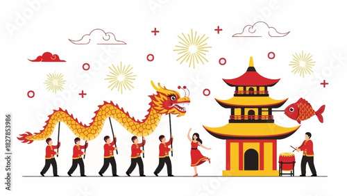 People performing a traditional Chinese dragon dance during a festive New Year celebration with a pagoda and fireworks.