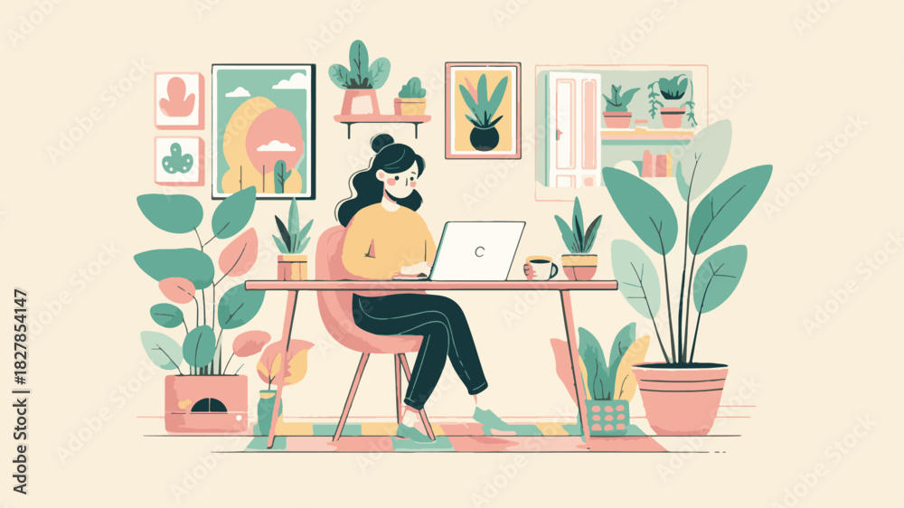 Fototapeta premium Minimalist Home Office: Woman Working on Laptop Surrounded by Botanical Decor