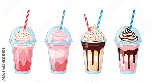 A delightful set of four colorful milkshakes in transparent cups, topped with whipped cream, sprinkles, and drizzles, perfect refreshing sweet drinks.