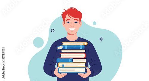 A cheerful young man with red hair holding a tall stack of books, representing education, learning, and academic success.