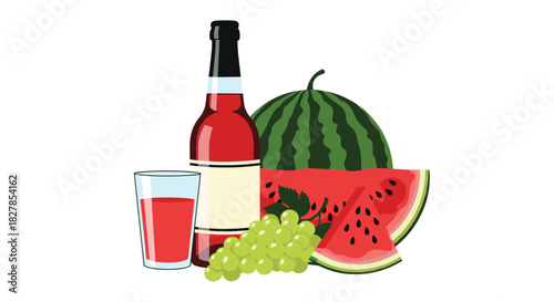 A vibrant still life arrangement featuring a bottle and glass of red beverage, fresh watermelon, and a bunch of green grapes.