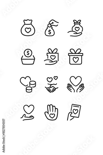 A cohesive set of minimalist outline icons representing charity, donation, and generosity, depicting hearts, money, and hands, ideal for social good and community support designs