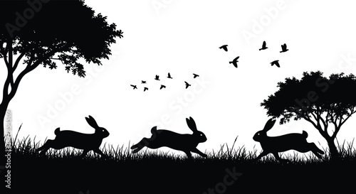 Silhouette rabbits running in wild grass, birds flying in sky, nature scene, forest trees, black and white wildlife illustration, outdoors