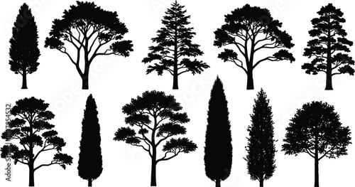 Silhouette trees collection, diverse tree shapes, natural forest elements, botanical illustration set, landscape design resources, black tree outlines for creative projects