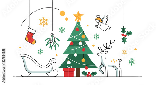 Festive Christmas and New Year symbols collection with line art vector graphics of a tree, sleigh, reindeer, and angel for holiday design