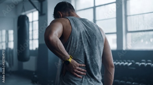 Muscular man holding his aching lower back after a strenuous gym workout