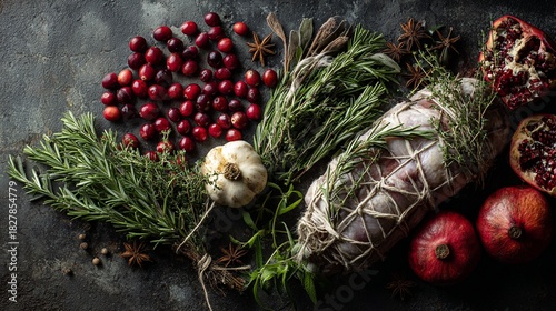 Holiday table with herbs and fruits
