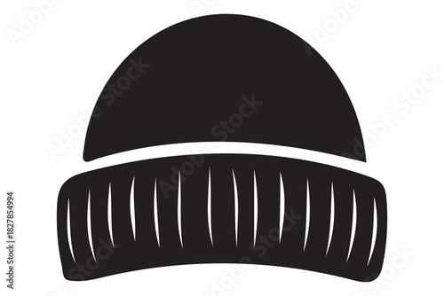 Simple black knitted beanie hat with ribbed cuff isolated on white background