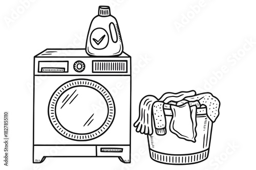 Laundry Day Washing Machine, Detergent, and a Basket of Clothes in Black and White Outline