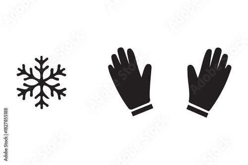 Black silhouette of a snowflake and a pair of black winter gloves isolated on white background
