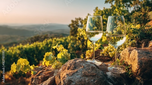 Two glasses of white wine sit on rocks amidst lush vineyards, with a picturesque landscape in the background, evoking tranquility and natural beauty.