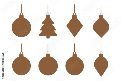 Vector illustration of black hanging Christmas ornaments in various shapes including balls, trees, diamonds, and teardrops for holiday decoration.